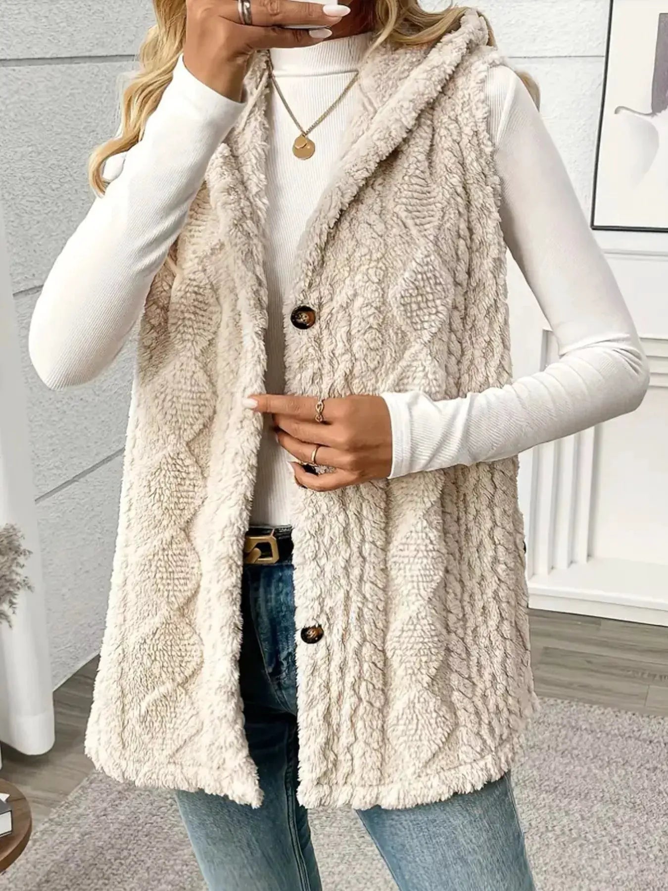 Button‑Down Sherpa Hooded Vest Coat | Partner Labels Selection by Partner Label