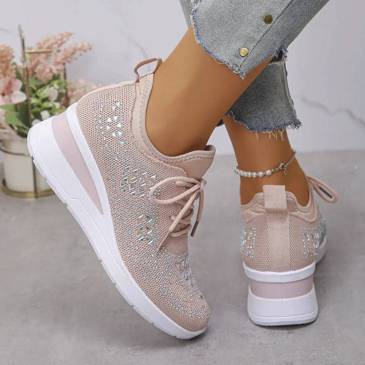 Breathable Mesh Rhinestone Wedge Athletic Sneakers by Partner Label