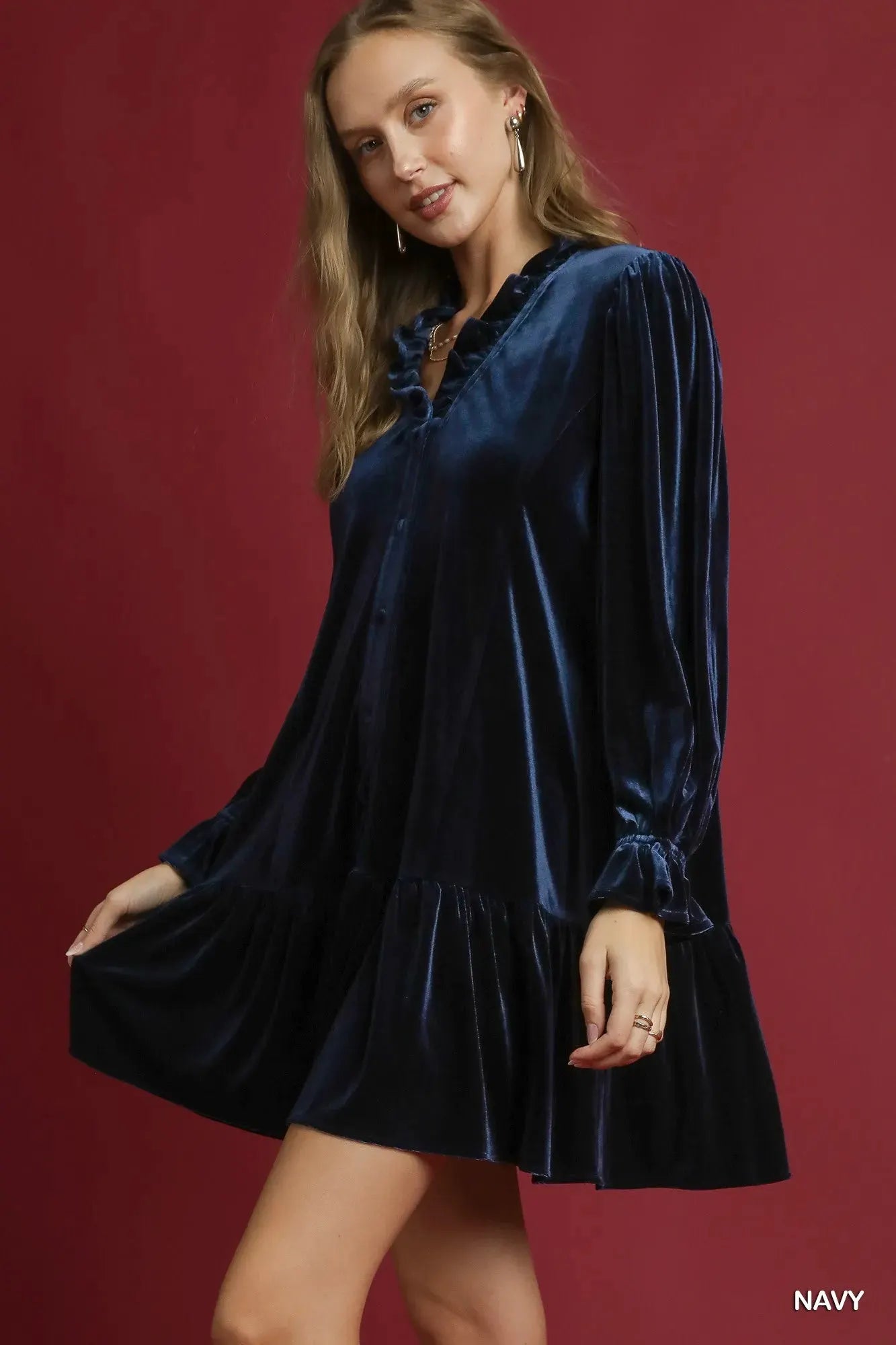 Umgee Velvet Ruffle Trim Mini Dress by Umgee