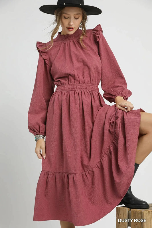 Umgee Textured Midi Dress with Ruffle Shoulder Detail by Umgee