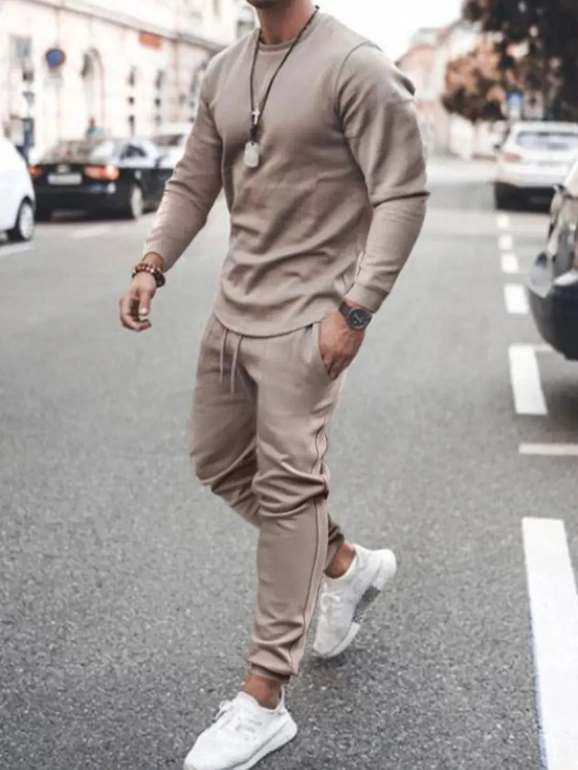 Men's Full Size Round Neck Long Sleeve Top and Pants Set Plus Size by Trendsi