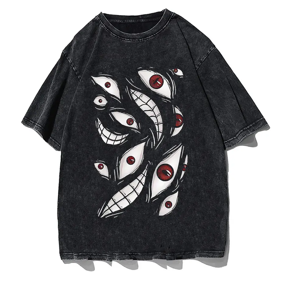 Harajuku Anime Eyes Graphic Washed T-Shirt Men Streetwear Cotton Tee by Vimost Shop