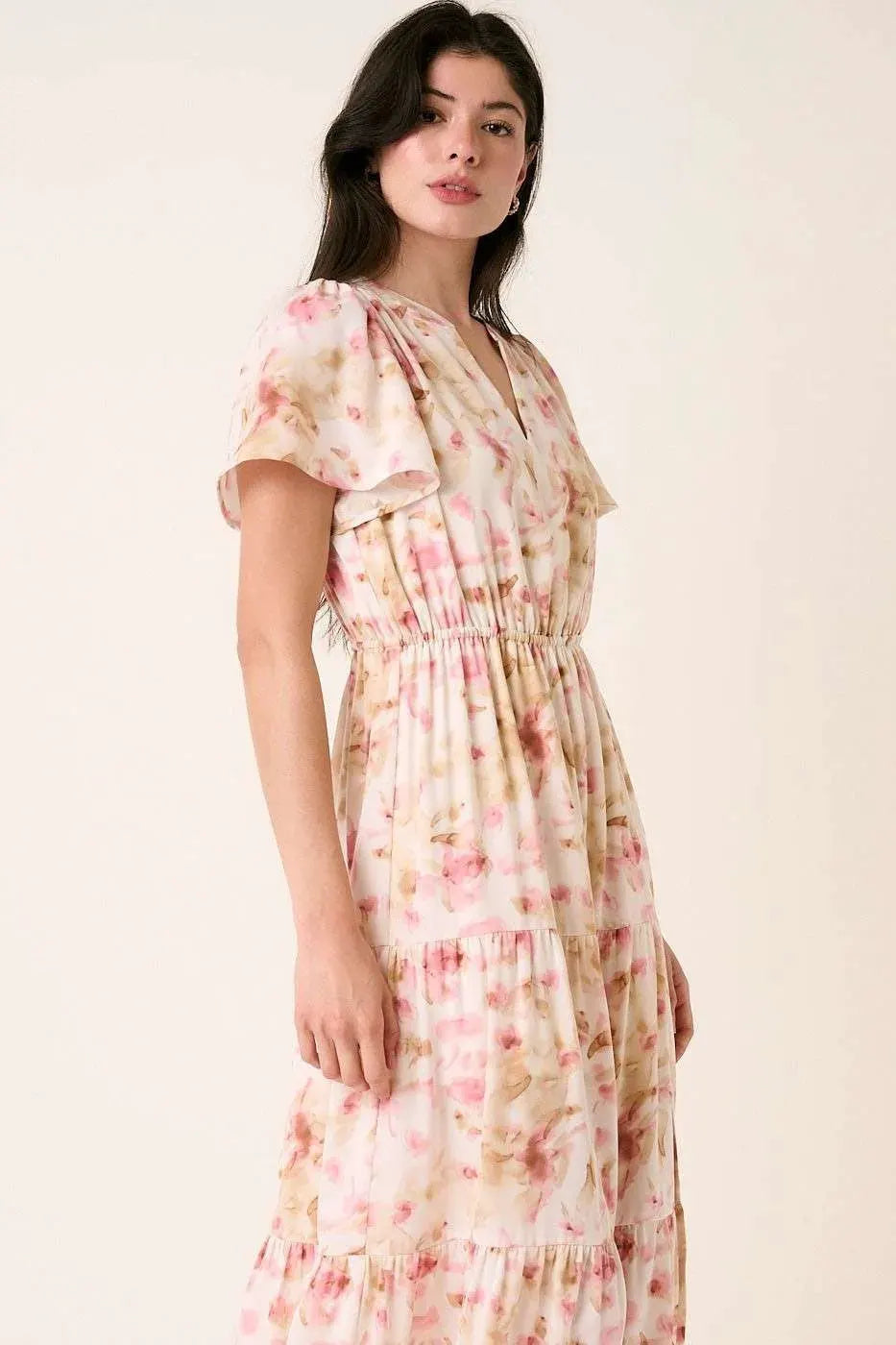 Mittoshop Flower Print Flutter Sleeve V Slit Maxi Dress by Mittoshop