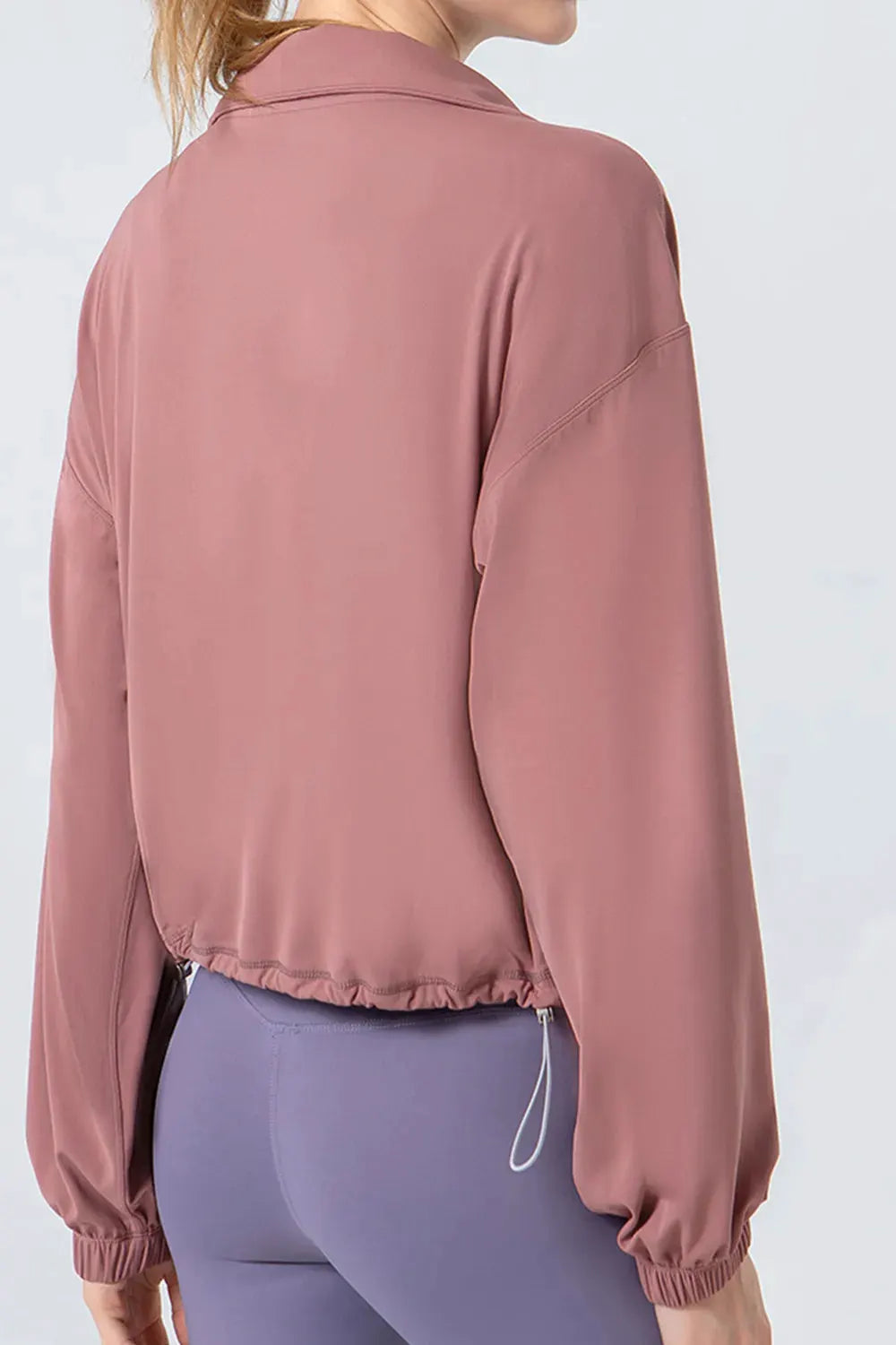 Drawstring Zip Up Dropped Shoulder Active Outerwear by Partner Label