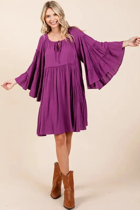 Mittoshop Frill Tie Neck Bell Sleeve Dress by Mittoshop
