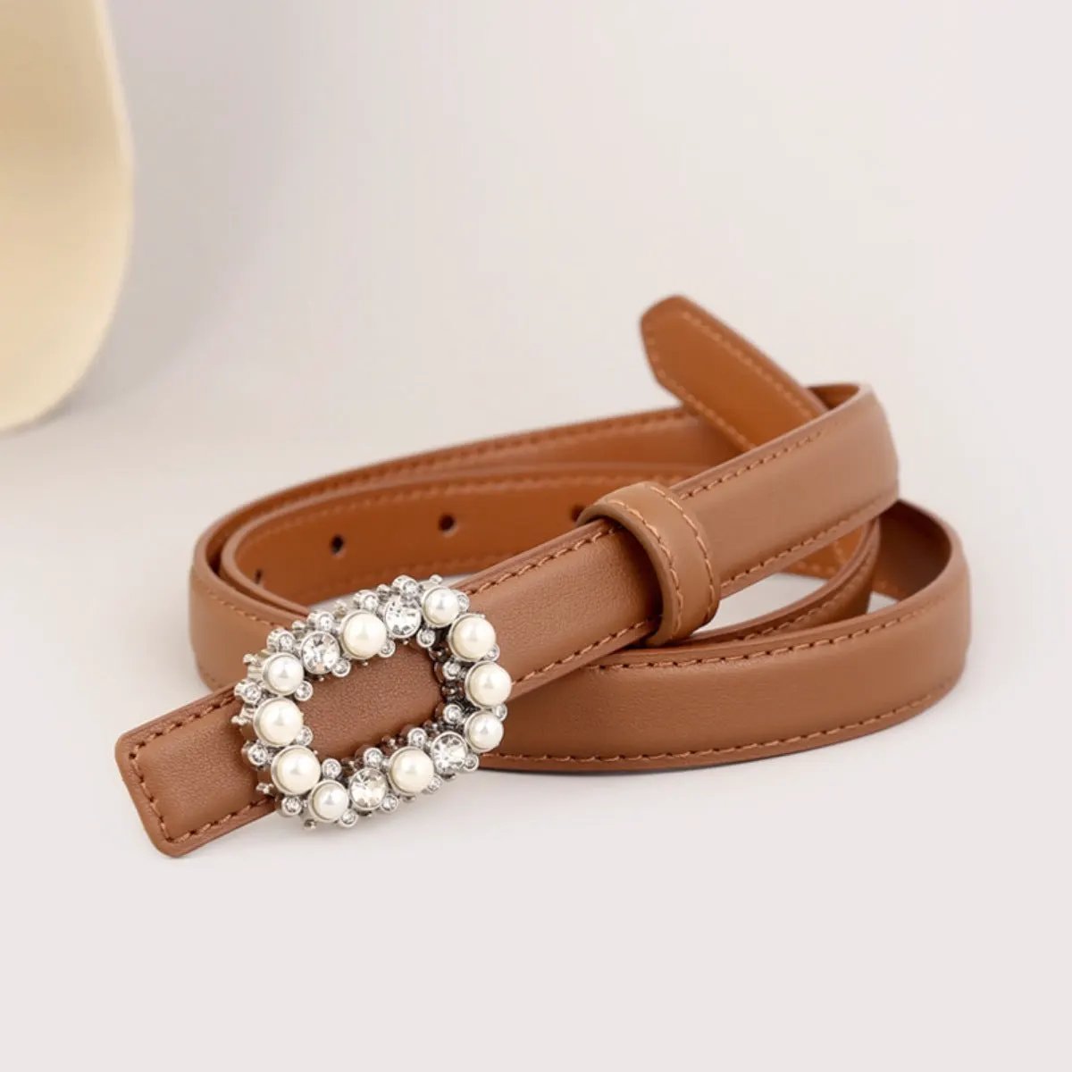 Pearl Buckle Leather Belt by Trendsi