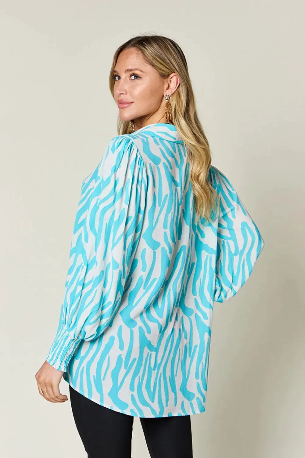 Double Take Full Size Printed Smocked Long Sleeve Blouse Plus Size by Double Take