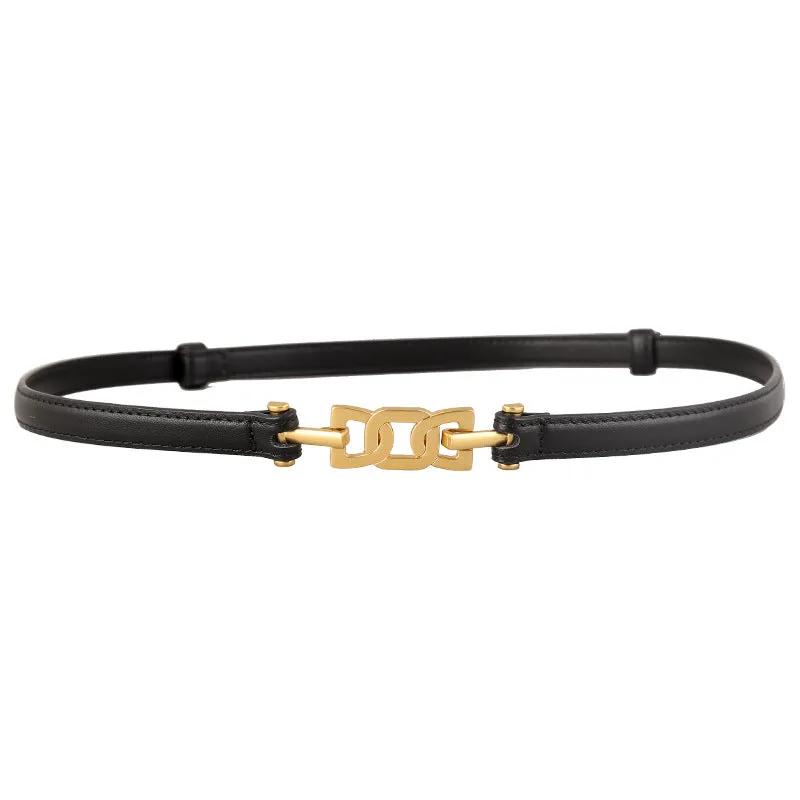 Gold Buckle Skinny Leather Belt by Trendsi