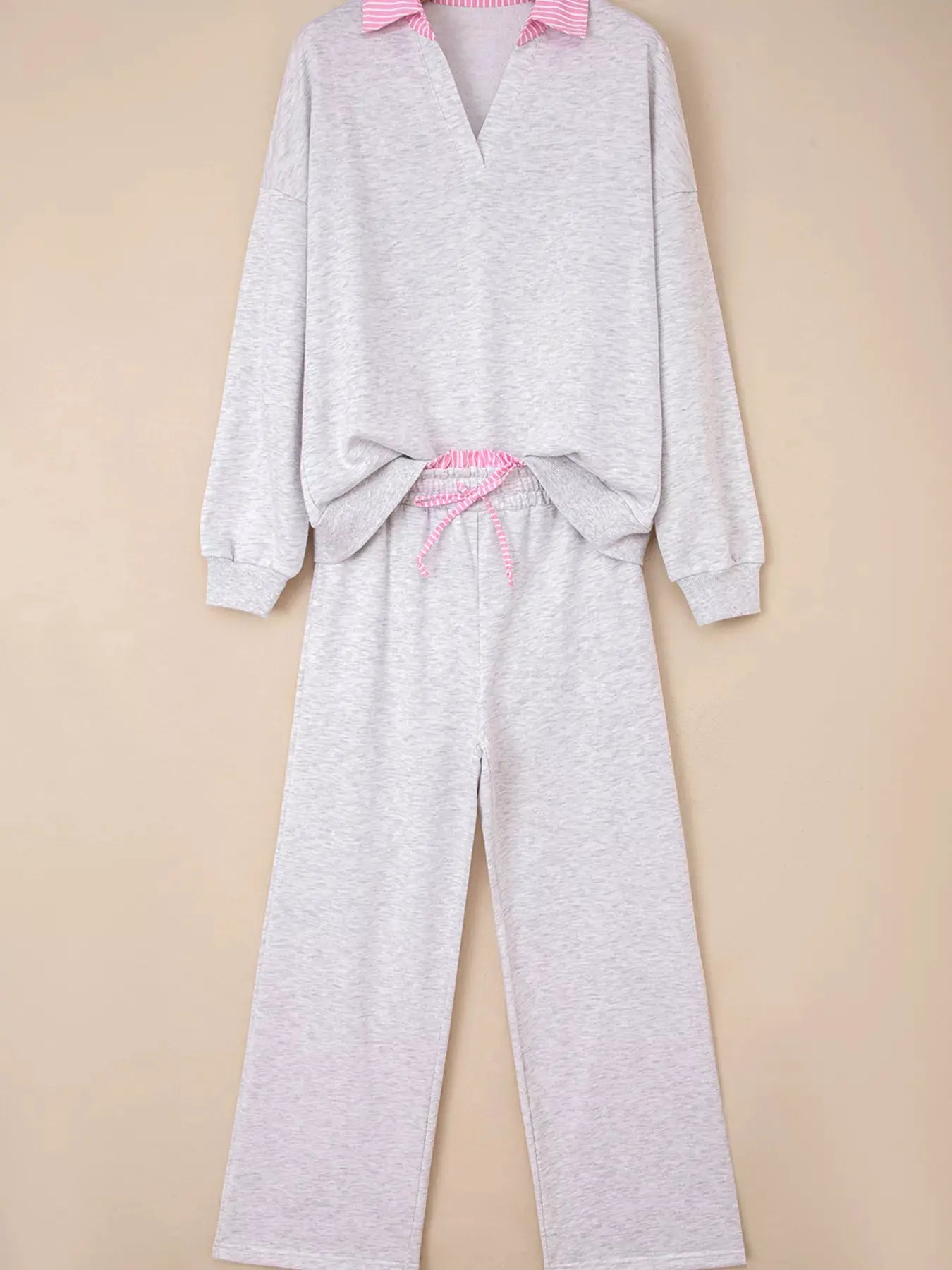 Contrasted Trim Frilled Collar Drop Shoulder Top and Drawstring Pant Set by Partner Labels
