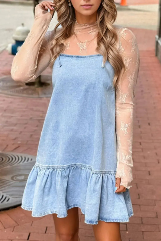 Bow Detail Spaghetti Straps Ruffle Hem Denim Dress by Partner Label