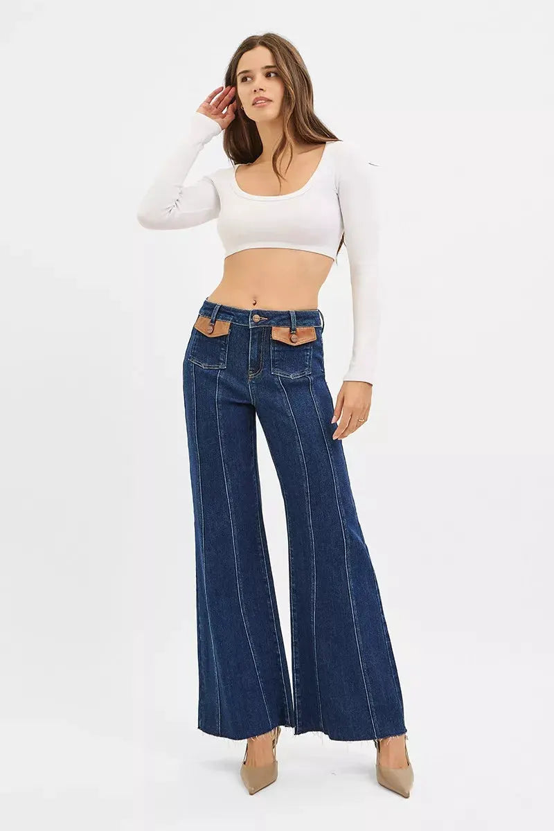 RISEN High Rise Wide Flare Jeans with Front Leather Pocket Detail by RISEN