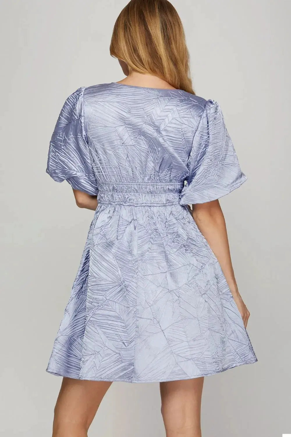 She + Sky Crinkle Woven V-Neck Balloon Sleeve Mini Dress by She + Sky