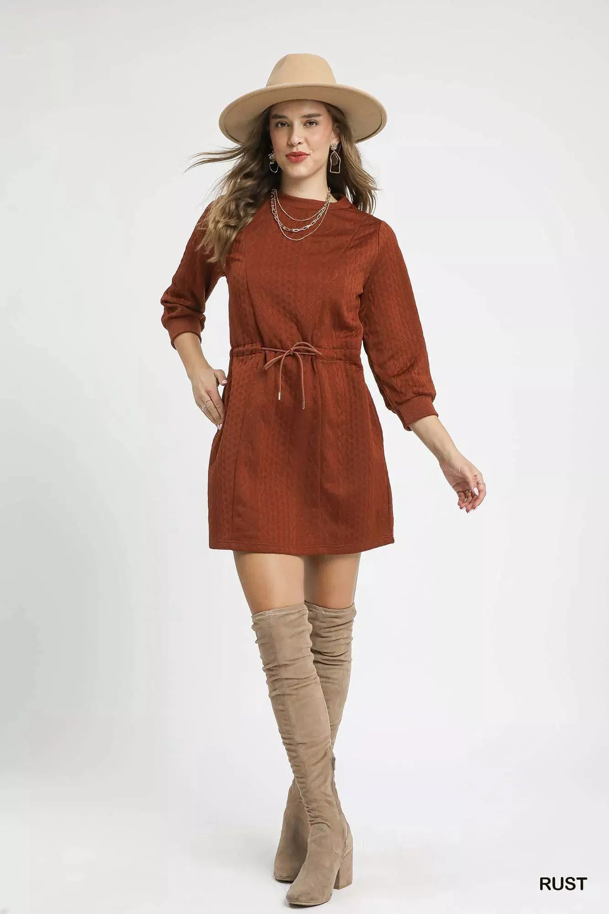 Umgee Drawstring Cable Knit Mini Dress with Pockets by Umgee