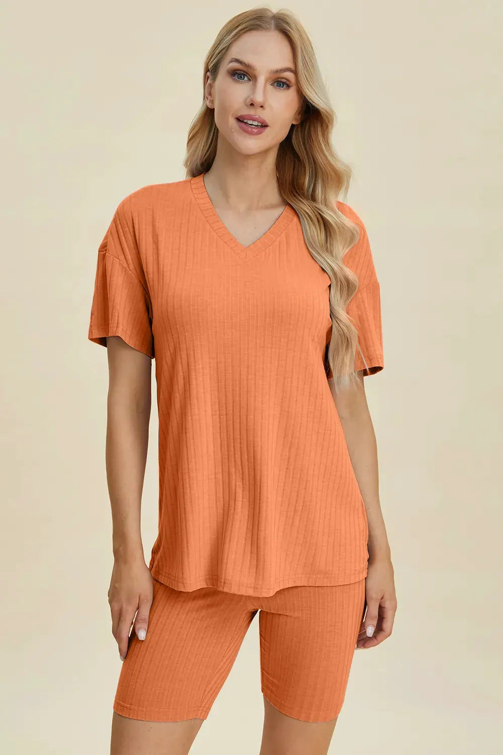 Basic Bae Full Size Ribbed V-Neck Short Sleeve Top and Shorts Set by Basic Bae