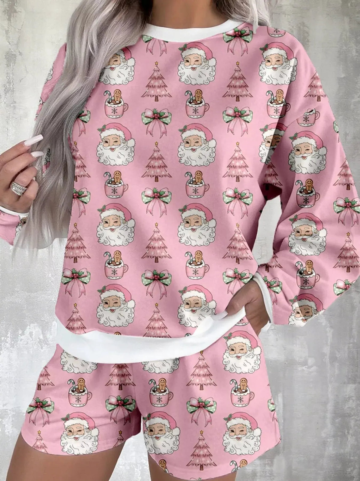 Christmas Santa Print Round Neck Top and Shorts Lounge Set by Partner Label