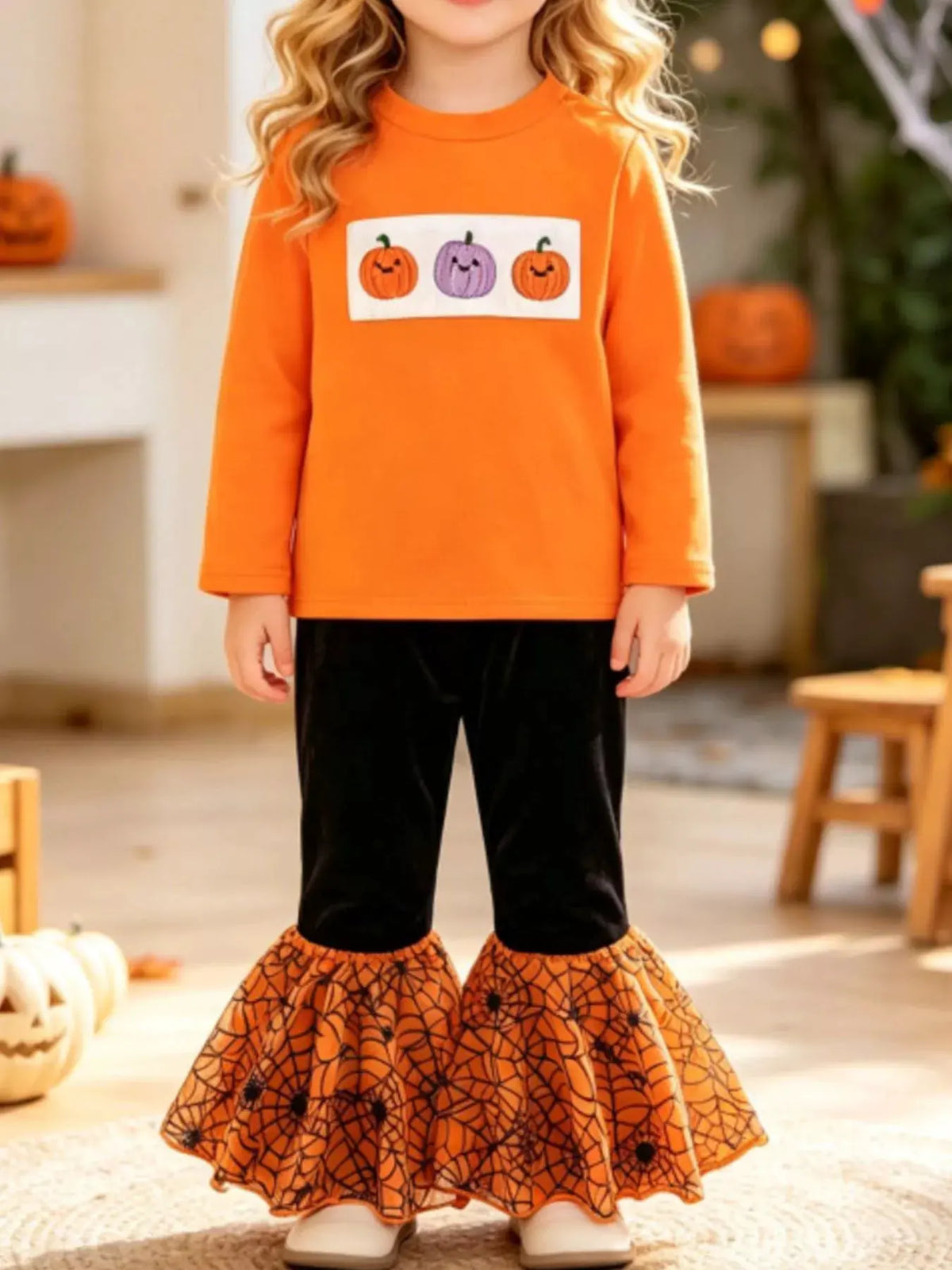 Children's Halloween Pumpkin Long Sleeve Top and Spiderweb Bell Bottom Set by Trendsi