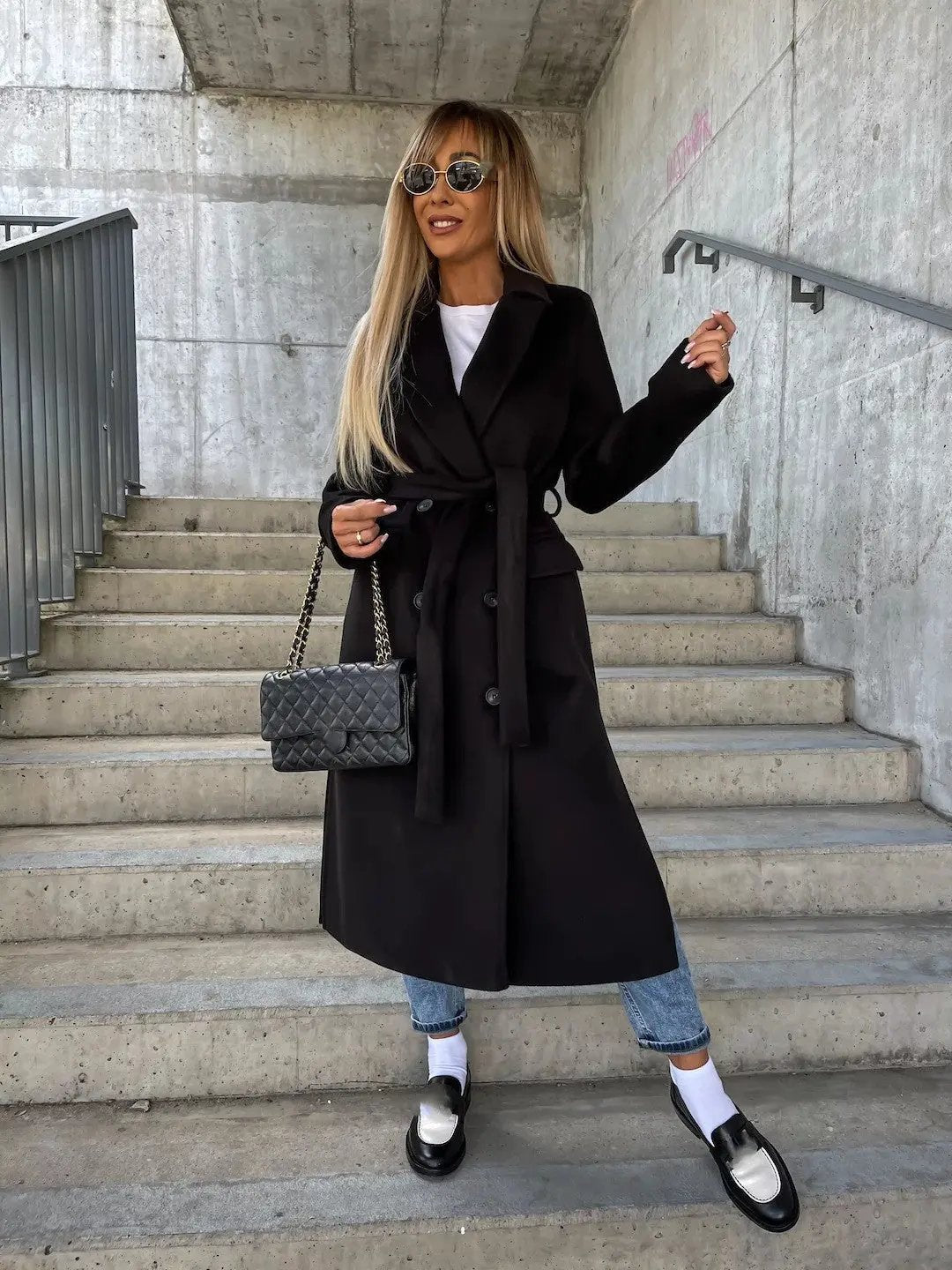 Double-breasted Lapel Split Jacket With Belt Winter Fashion Casual Long Sleeve Button Daily Coats For Women Clothing by Maiden-Art