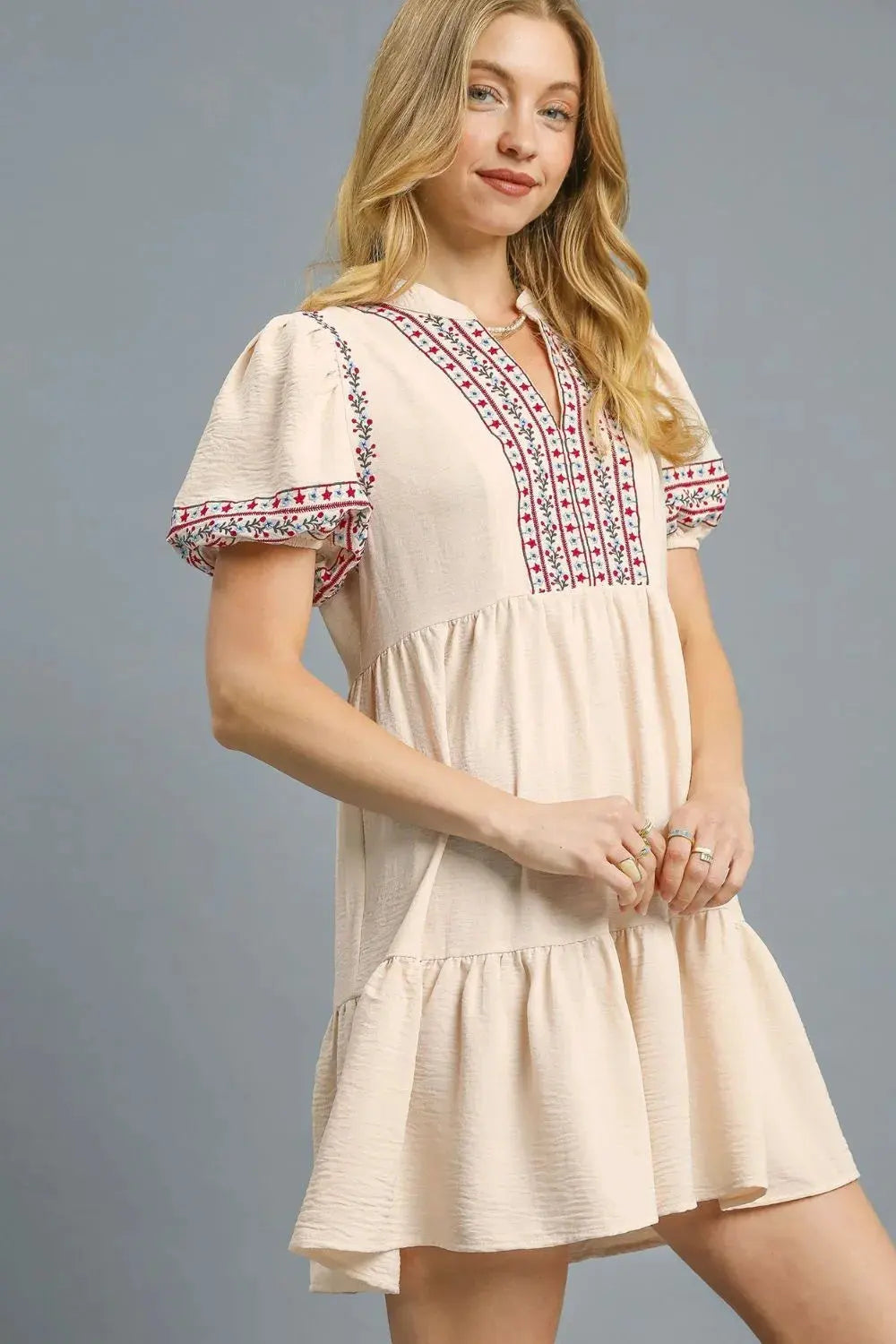 Umgee Floral Trim Puff Sleeve Mini Dress by Umgee USA