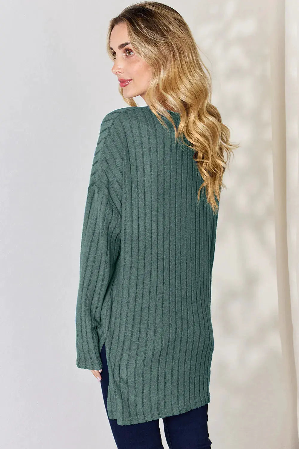 Basic Bae Full Size Ribbed Half Button Long Sleeve High-Low T-Shirt by Basic Bae
