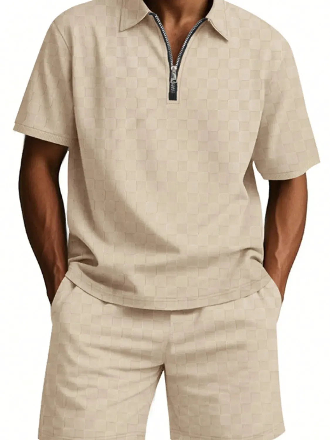 Men's Full Size Quarter Zip Short Sleeve Top and Shorts Set Plus Size by Trendsi