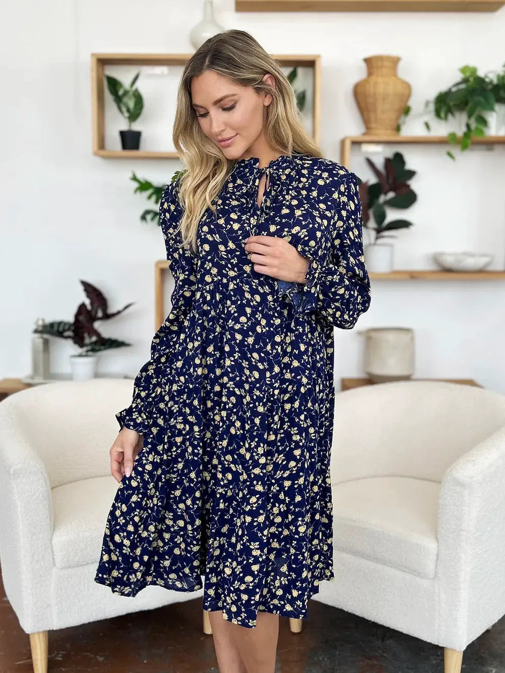 Double Take Full Size Printed Ruffle Hem Long Sleeve Tiered Dress by Double Take