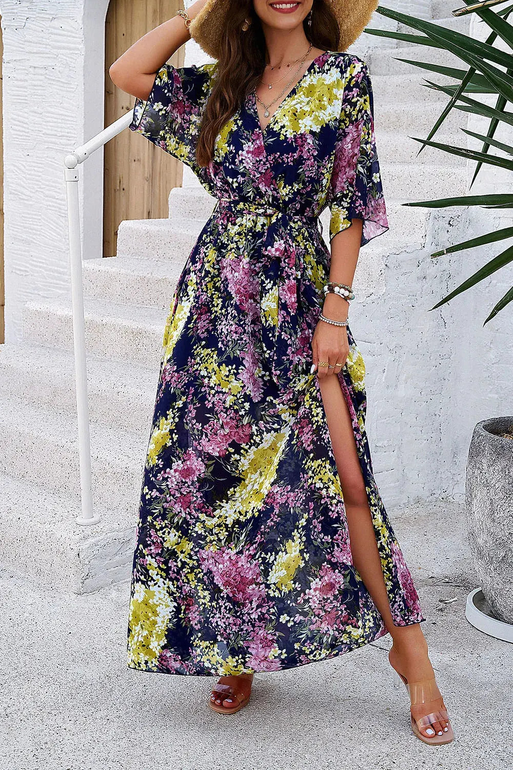 Devine Printed Tied Half Sleeve Slit Dress by Devine