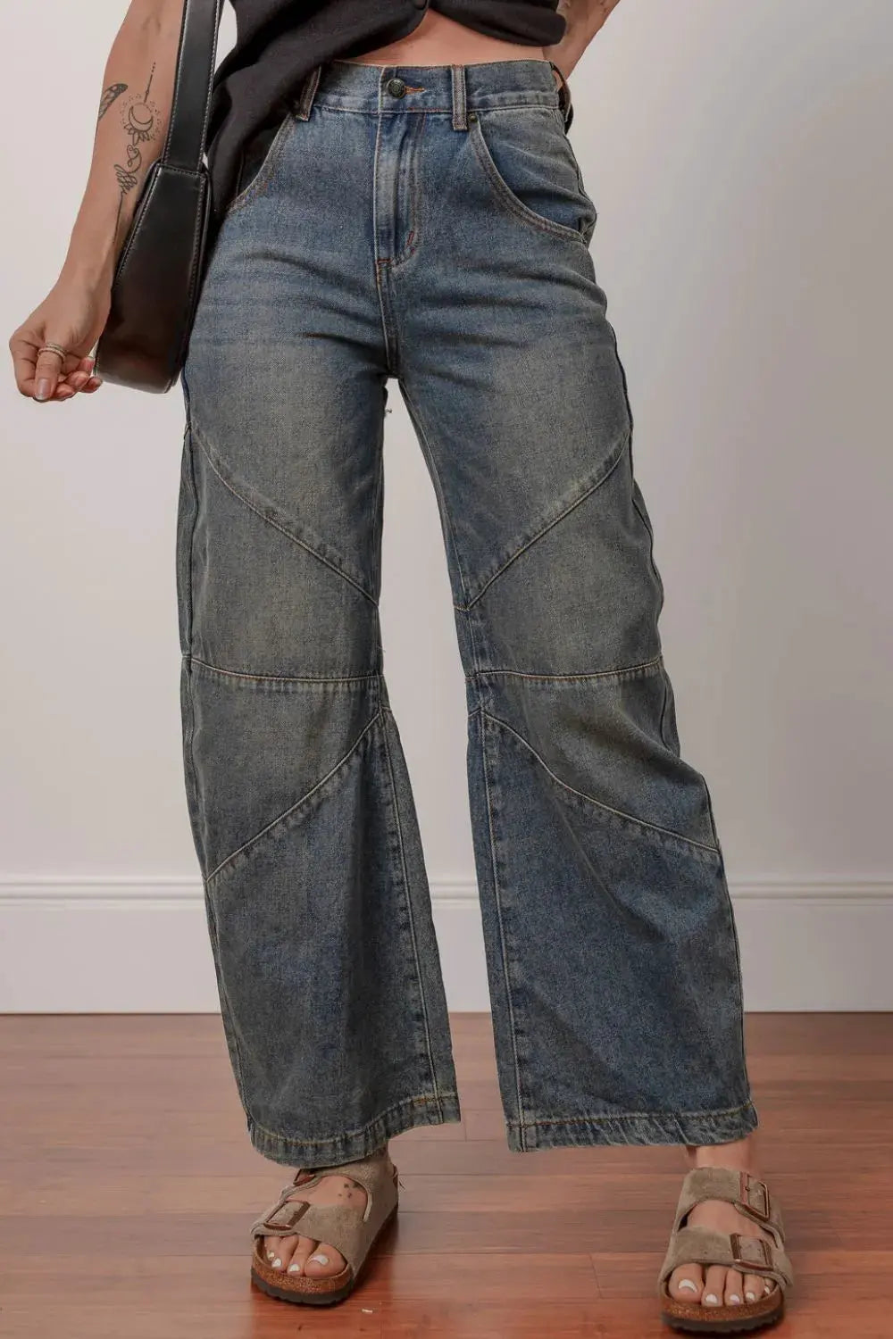 Exposed Stitching Loose Straight High Waist Jeans by Partner Label