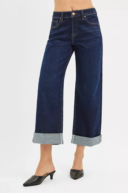 RISEN Mid Rise Fit Ankle Wide Roll Up Jeans by RISEN