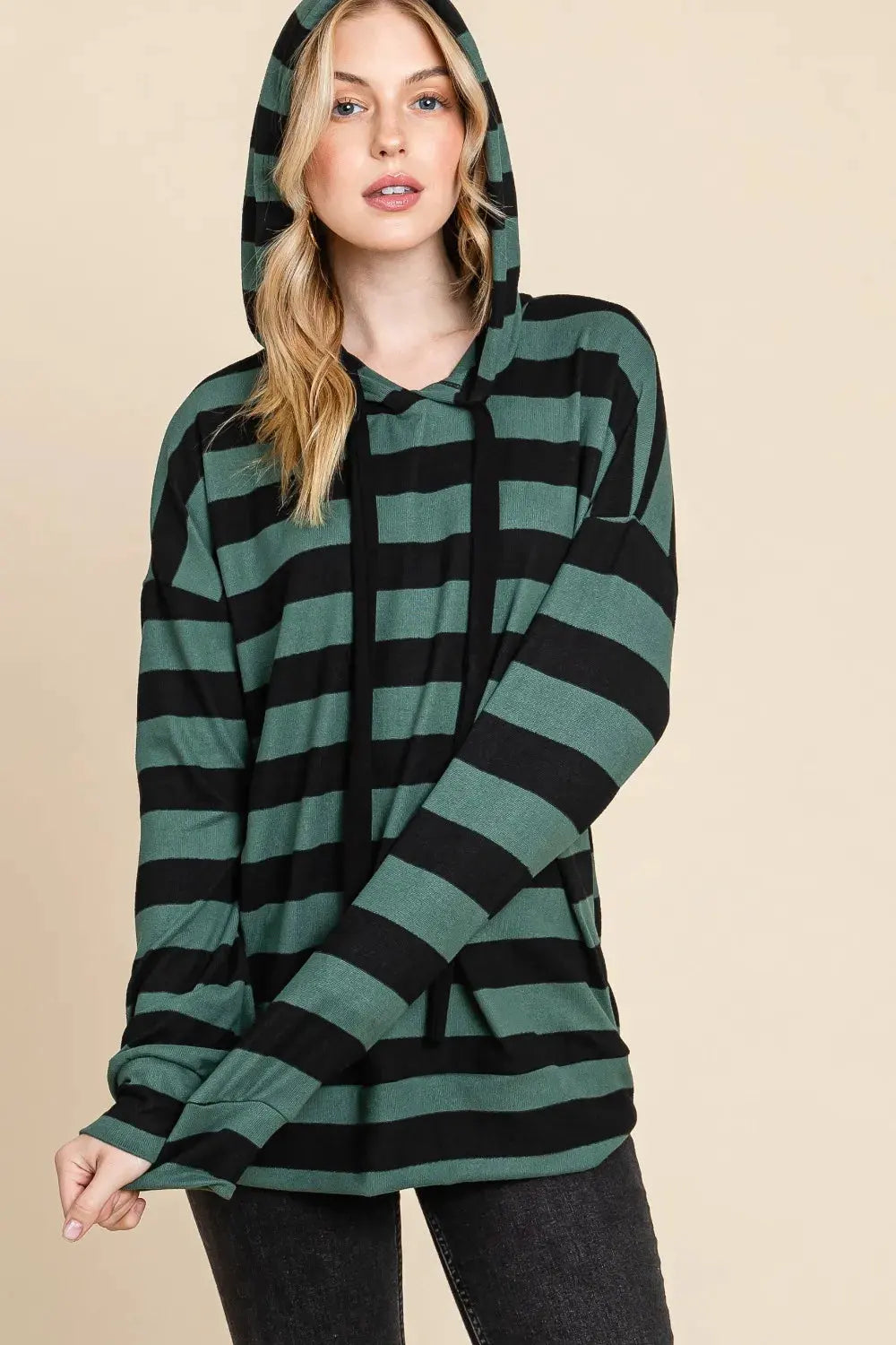 BOMBOM Drawstring Striped Dropped Shoulder Hoodie by BOMBOM