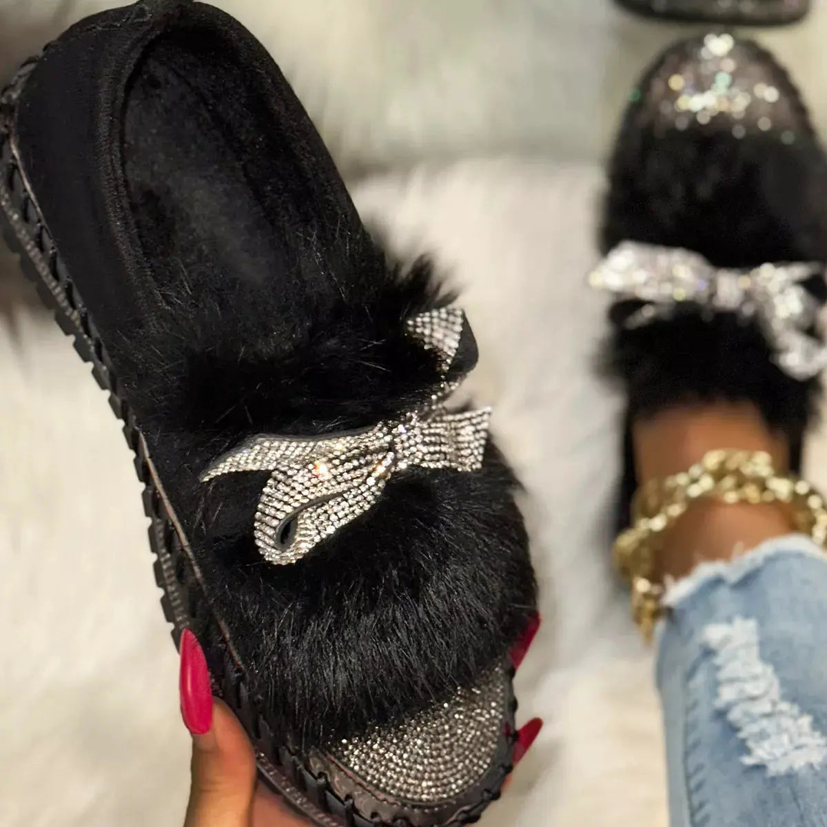 Fuzzy Bowknot Rhinestone Platform Loafers by Partner Label