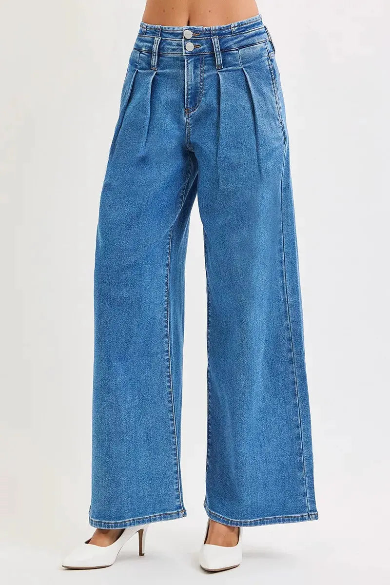 RISEN Full Size Mid Rise Fit Wide Leg with Pleated Detail Jeans Plus Size by RISEN
