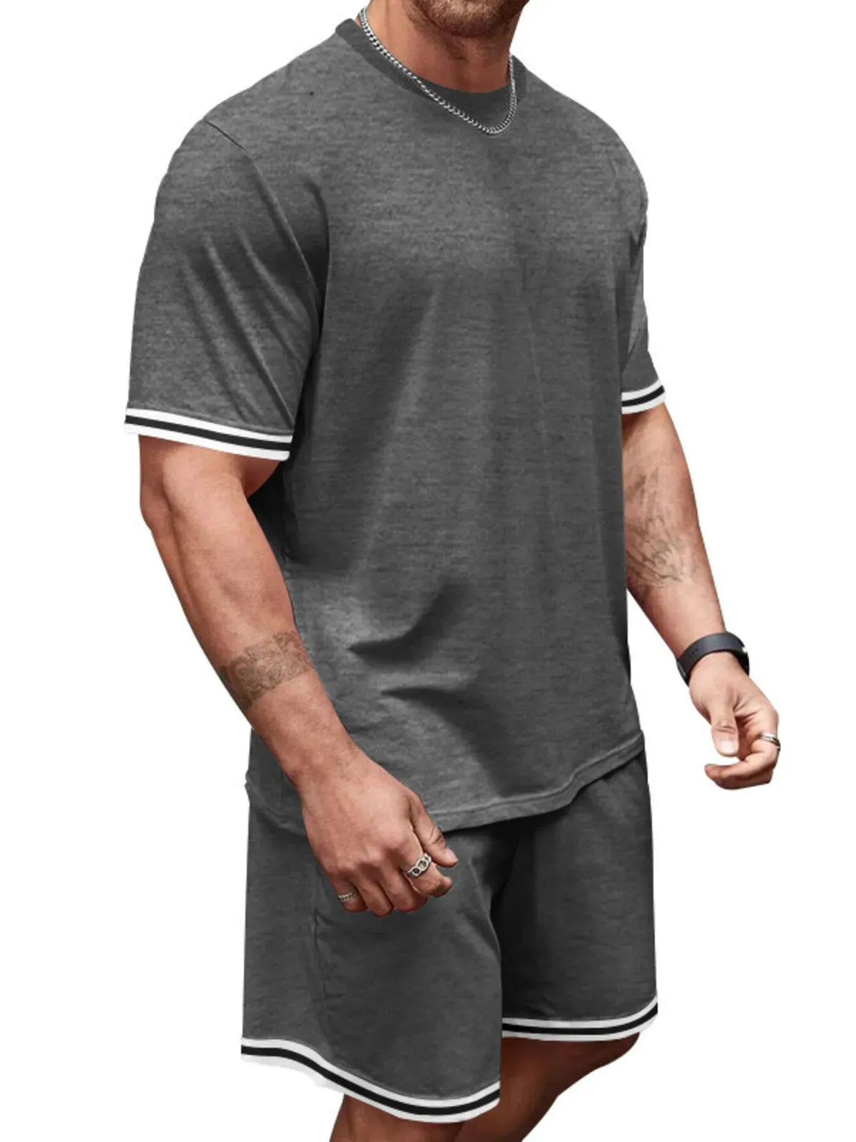 Men's Full Size Striped Short Sleeve Tee and Shorts Set Plus Size by Trendsi