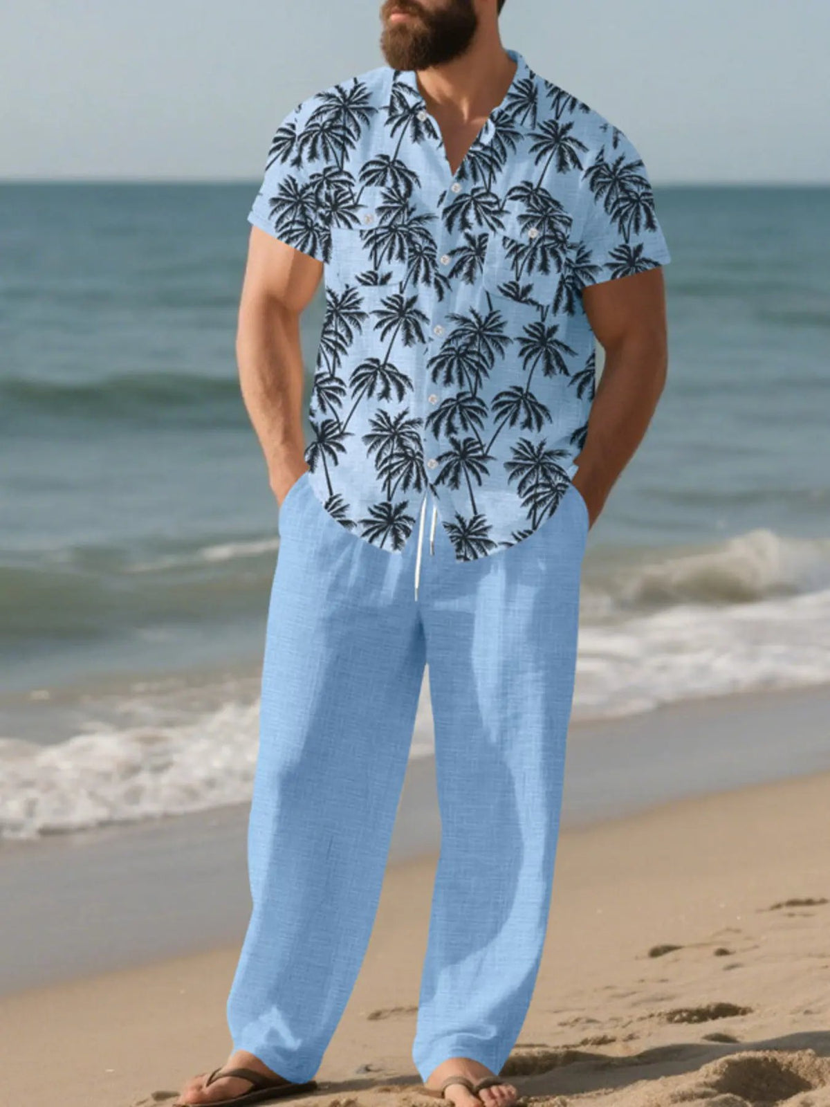 Men's Full Size Tropical Palm Print Button Up Shirt and Pants Set Plus Size by Trendsi