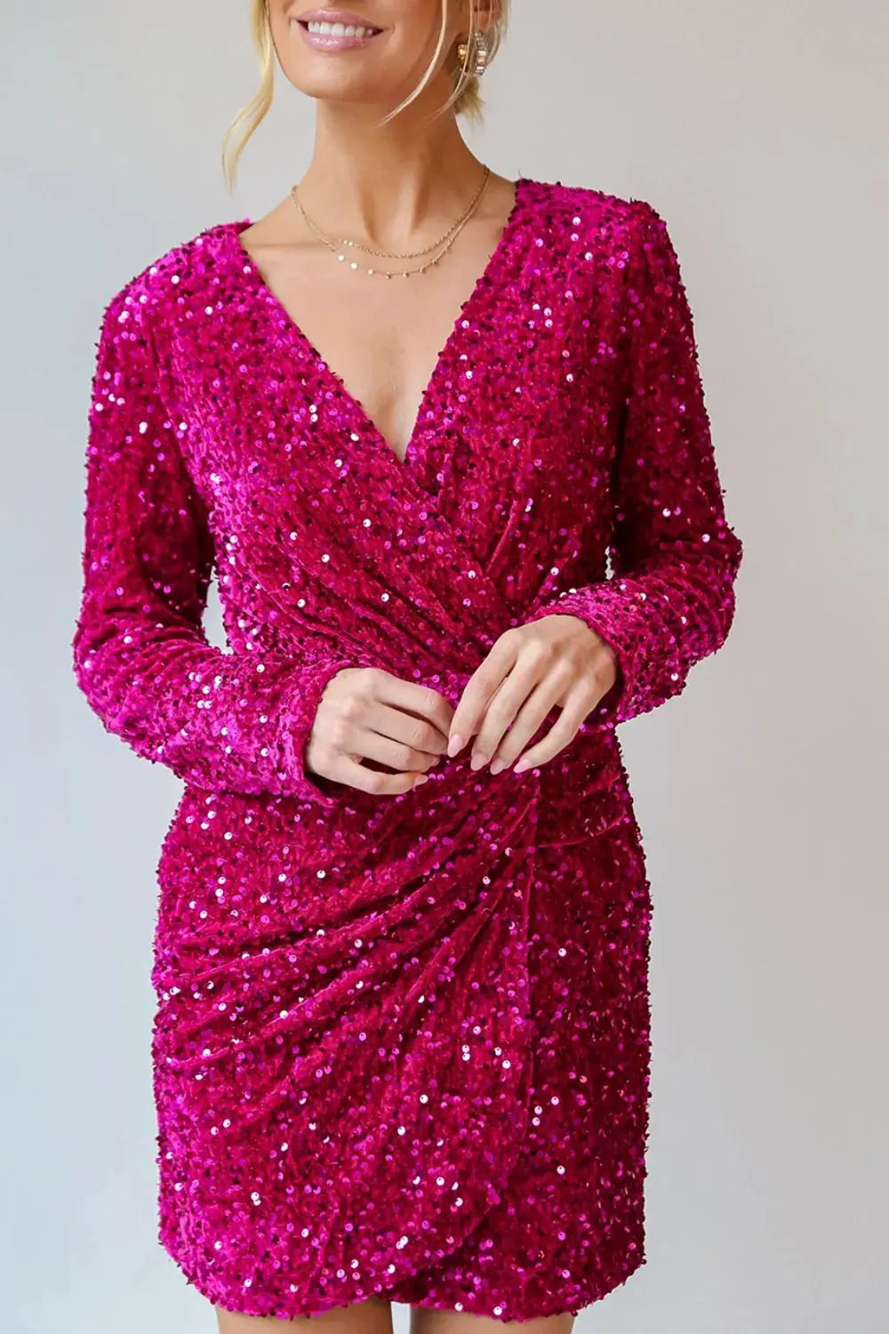 Sequin Surplice Long Sleeve Mini Dress by Partner Label