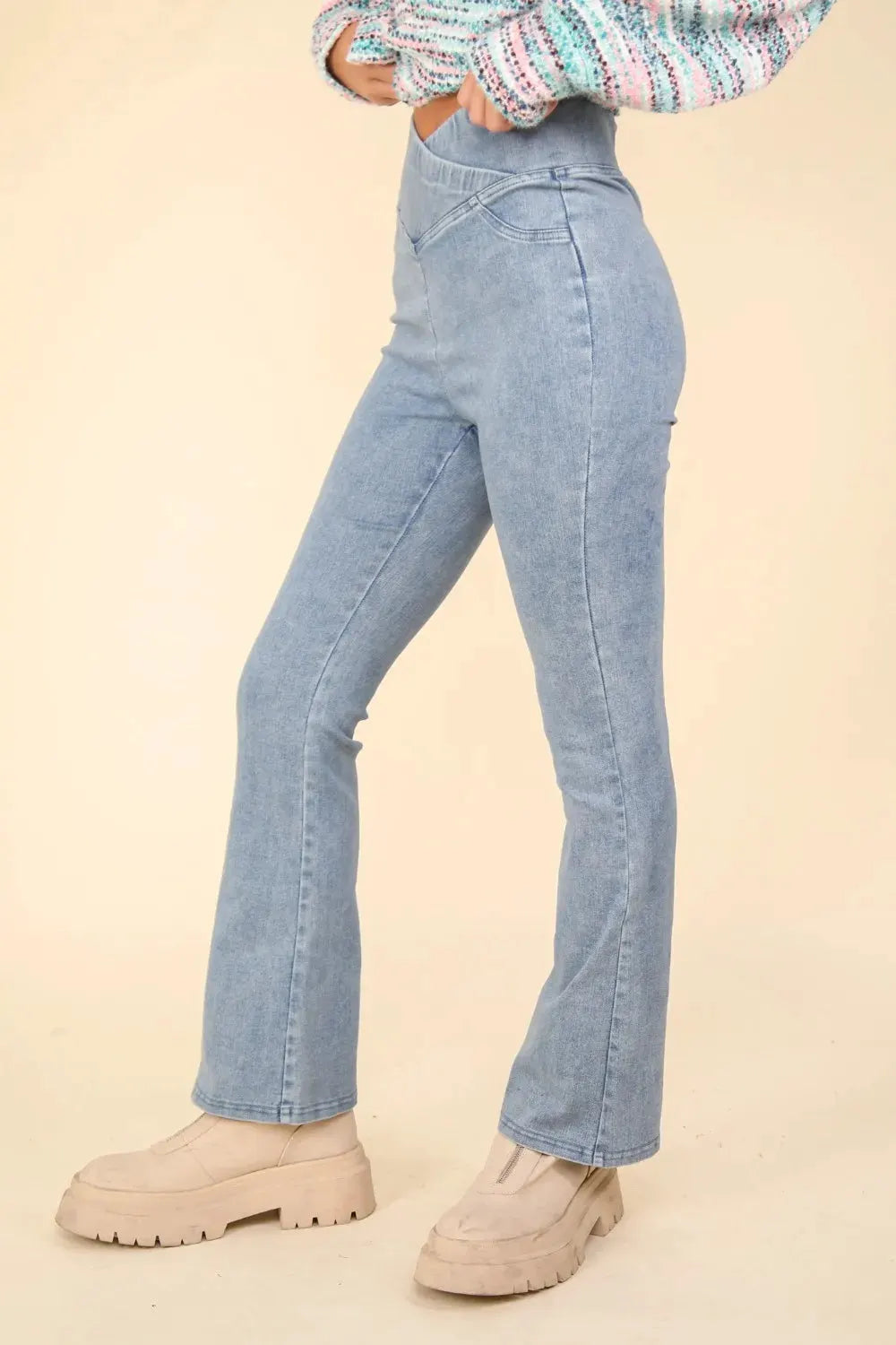 VERY J Washed Denim Stretchy Crossover Waist Leggings by Very J