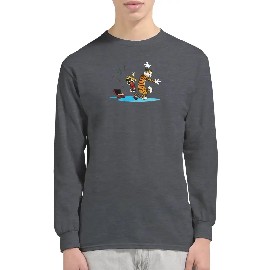 Calvin and Hobbes Dancing with Record Player Long Sleeve Shirt by Art-O-Rama Shop