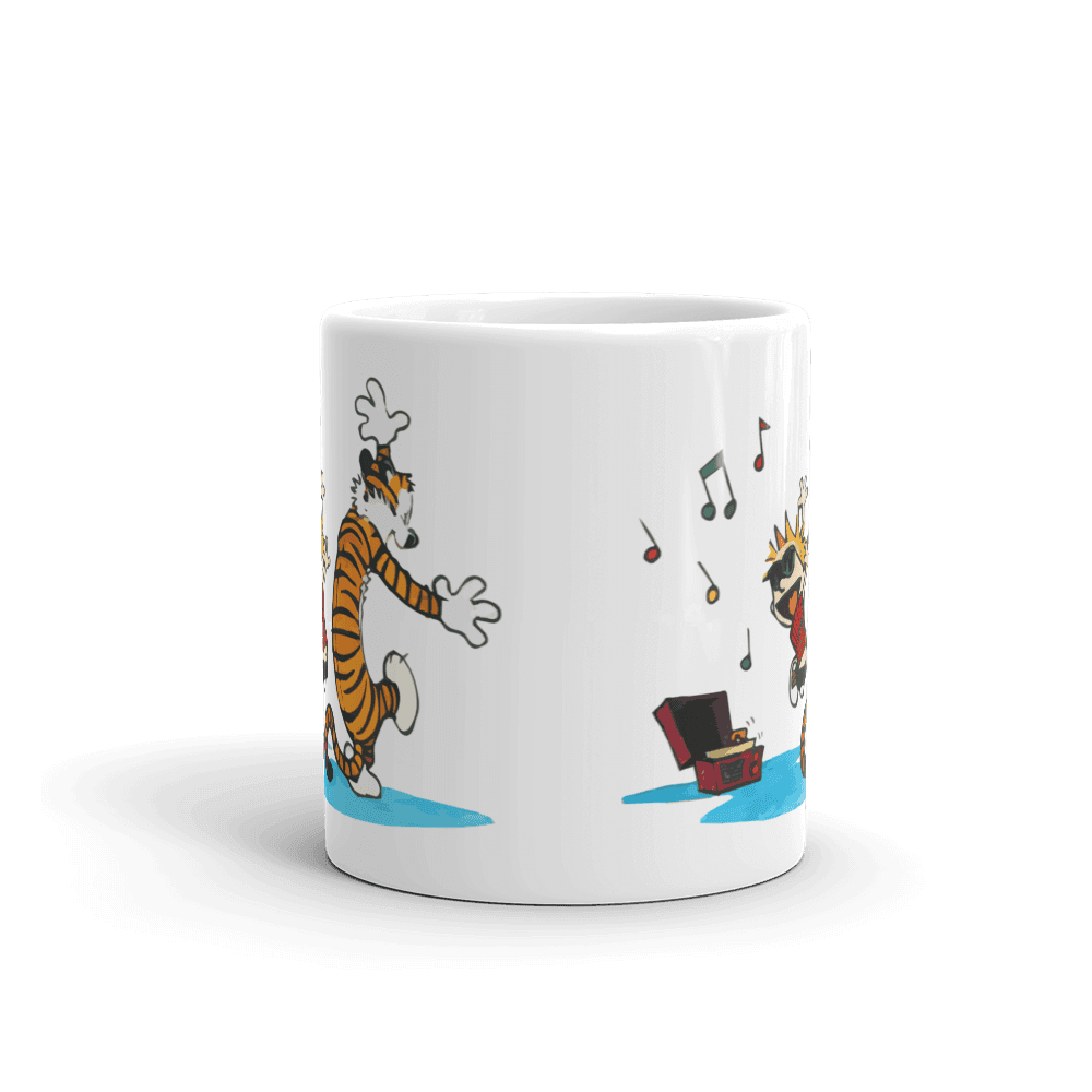 Calvin and Hobbes Dancing with Record Player Mug by Art-O-Rama Shop
