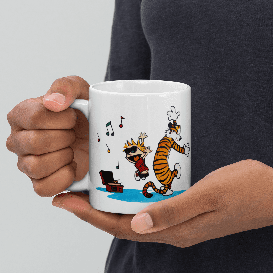 Calvin and Hobbes Dancing with Record Player Mug by Art-O-Rama Shop