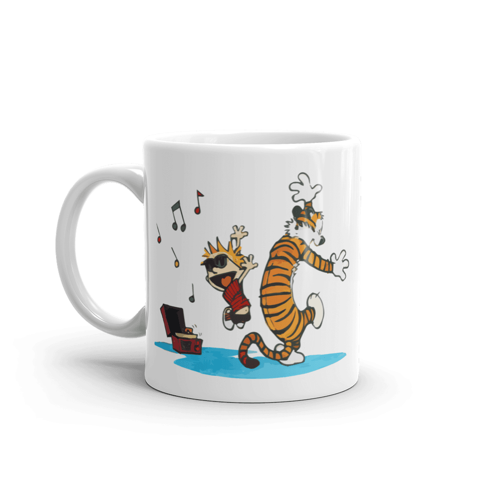 Calvin and Hobbes Dancing with Record Player Mug by Art-O-Rama Shop