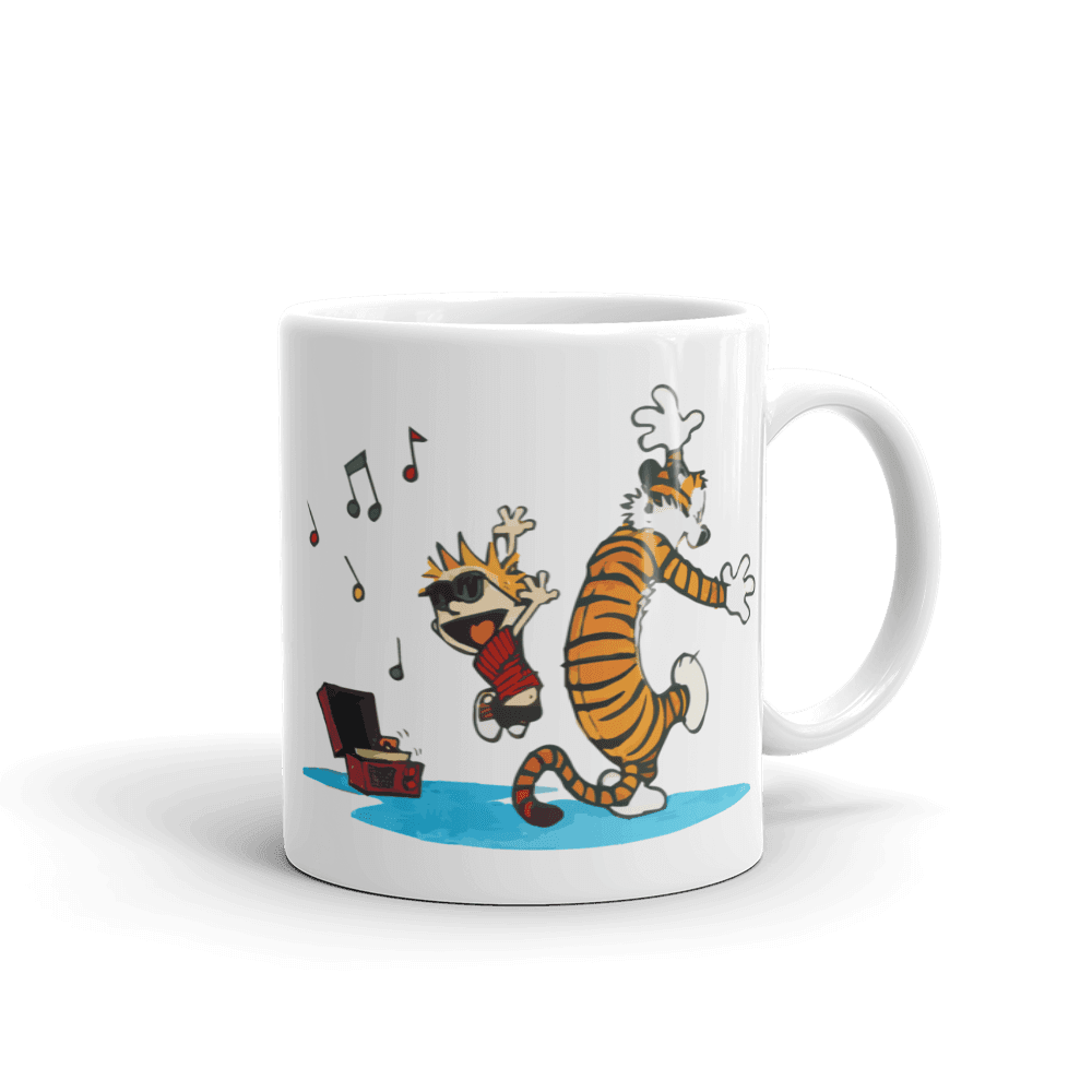 Calvin and Hobbes Dancing with Record Player Mug by Art-O-Rama Shop