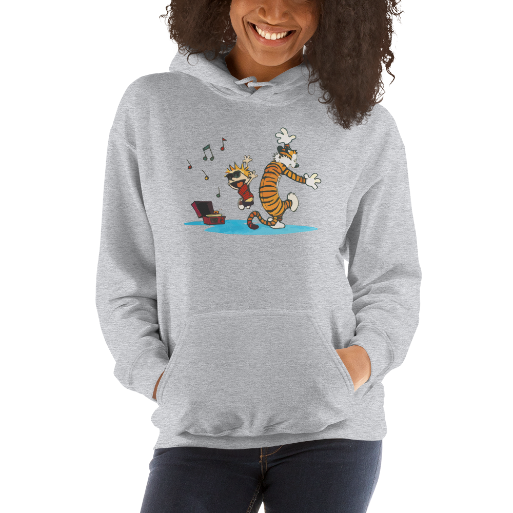 Calvin and Hobbes Dancing with Record Player Unisex Hoodie by Art-O-Rama