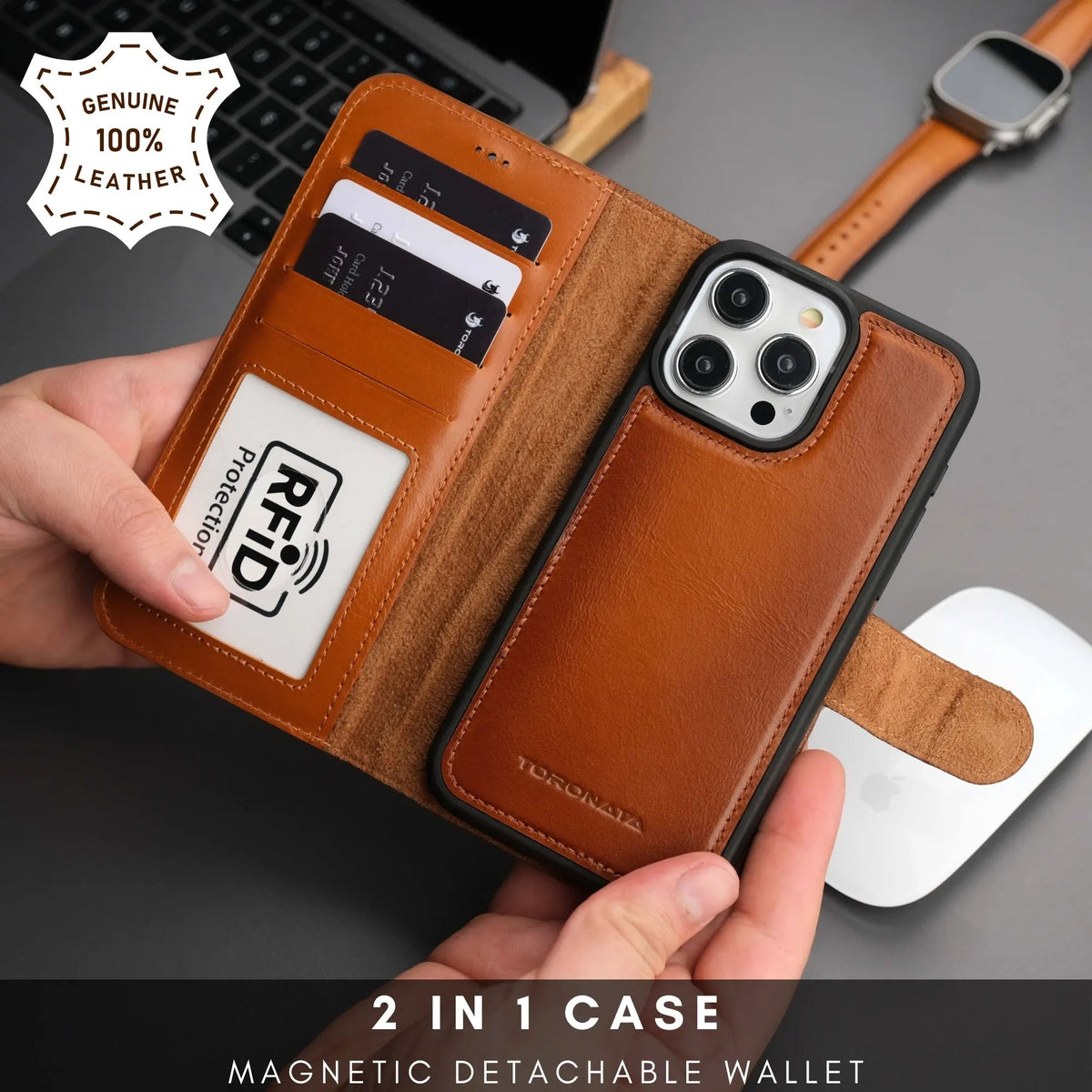 Casper Leather iPhone 15 Pro Wallet Case | Detachable MagSafe Compatible RFID Protection by TORONATA