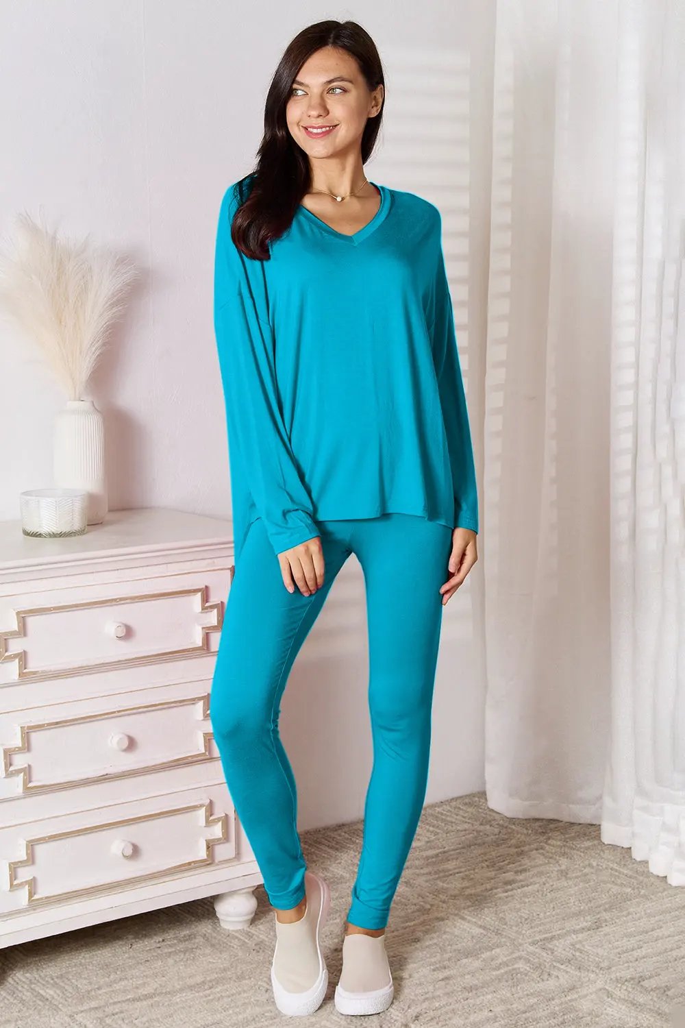 Basic Bae Full Size V-Neck Soft Rayon Long Sleeve Top and Pants Lounge Set by Basic Bae