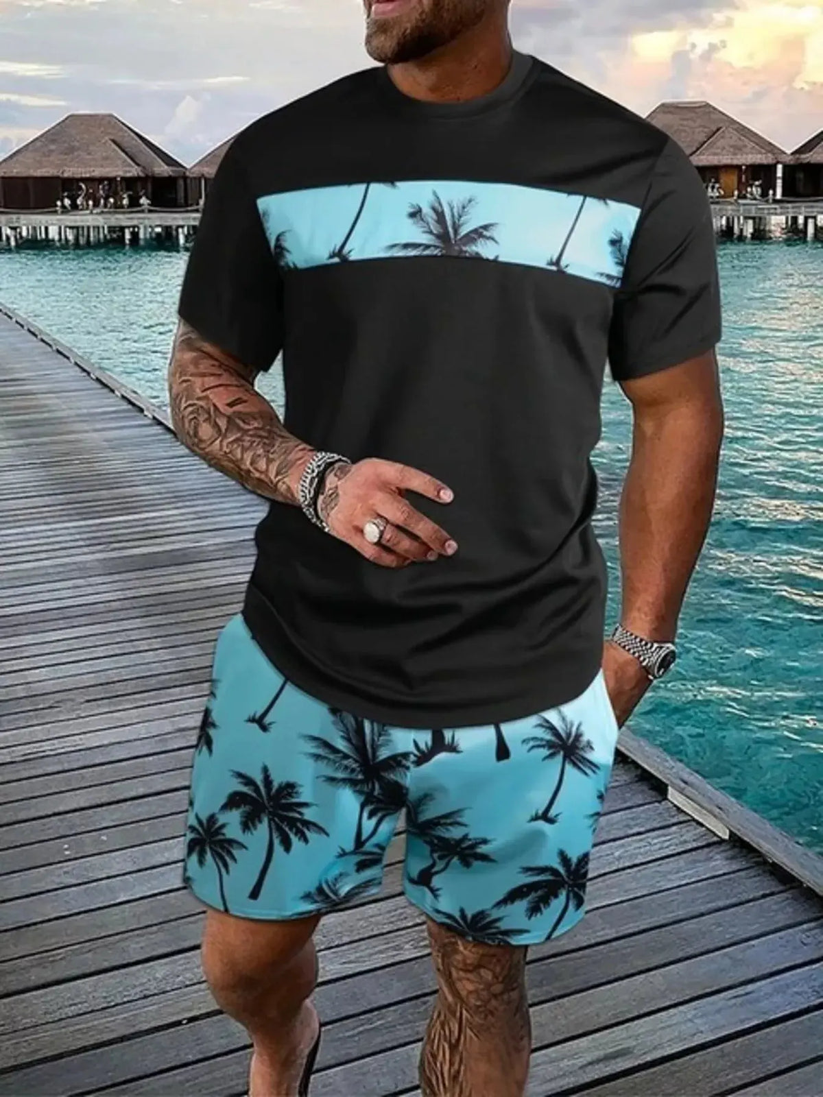 Men's Full Size Tropical Palm Tree Tee and Shorts Set Plus Size by Partner Label