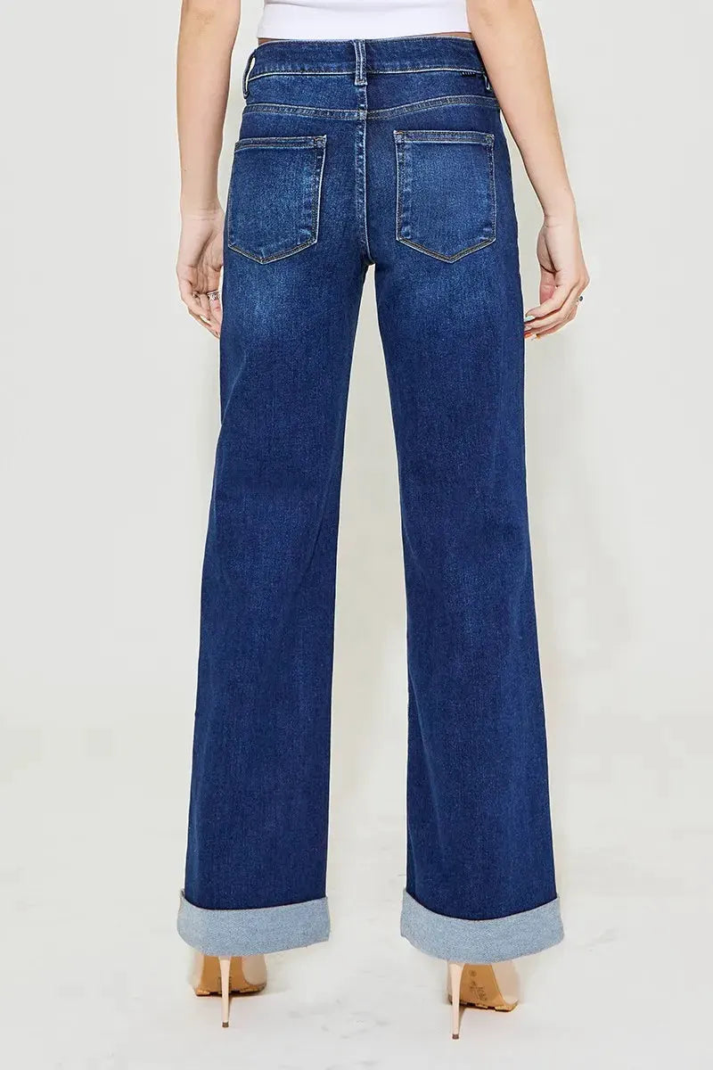 RISEN Full Size Tummy Control High Rise Wide Leg Cuffed Jeans Plus Size by RISEN