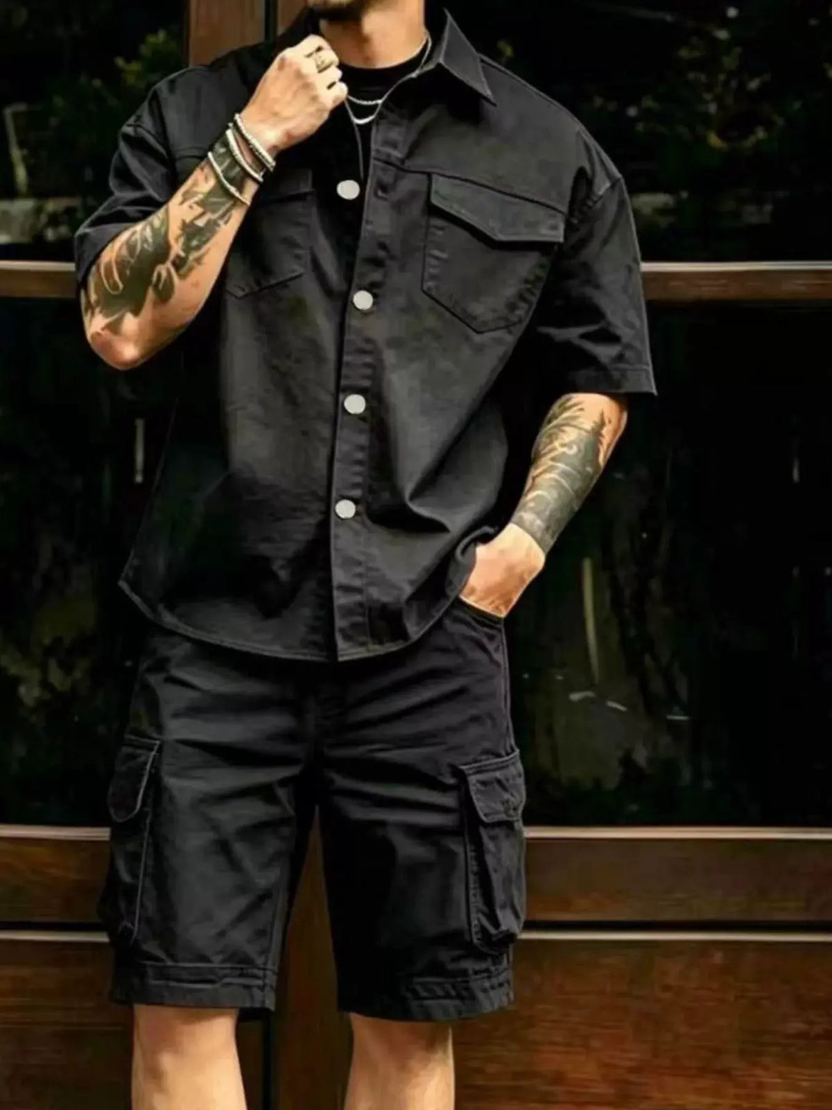 Men's Full Size Cargo Shirt and Shorts Set Plus Size by Trendsi
