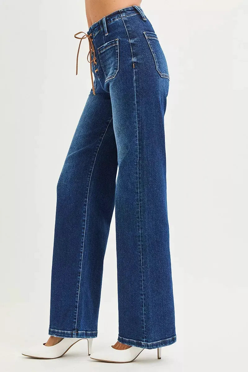 RISEN Full Size High Rise Wide Leg Jeans with Front Tie Detail Plus Size by RISEN
