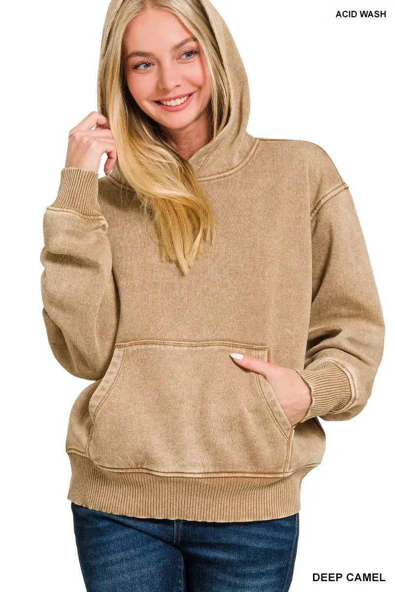 Zenana Fleece Acid Wash Kangaroo Pocket Hoodie by Zenana