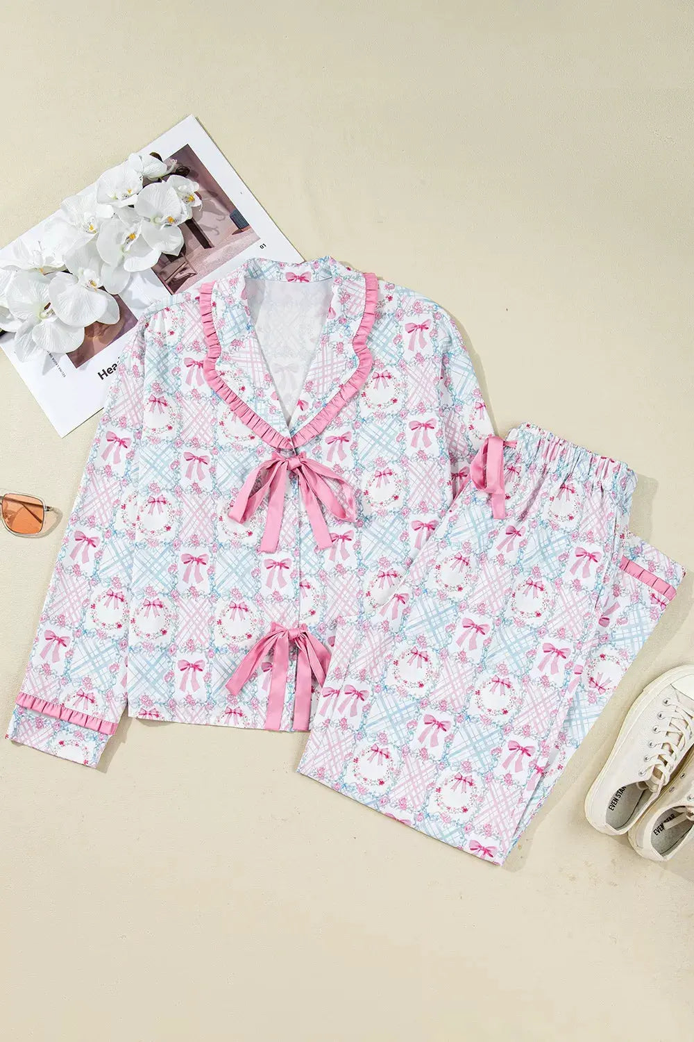 Wreath Pattern Christmas Tied Front Long Sleeve 2pcs Pajama Set by Partner Label