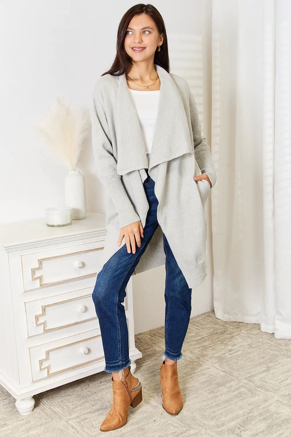 Angel Wings Open Front Duster Cardigan with Pockets by Angel Wings